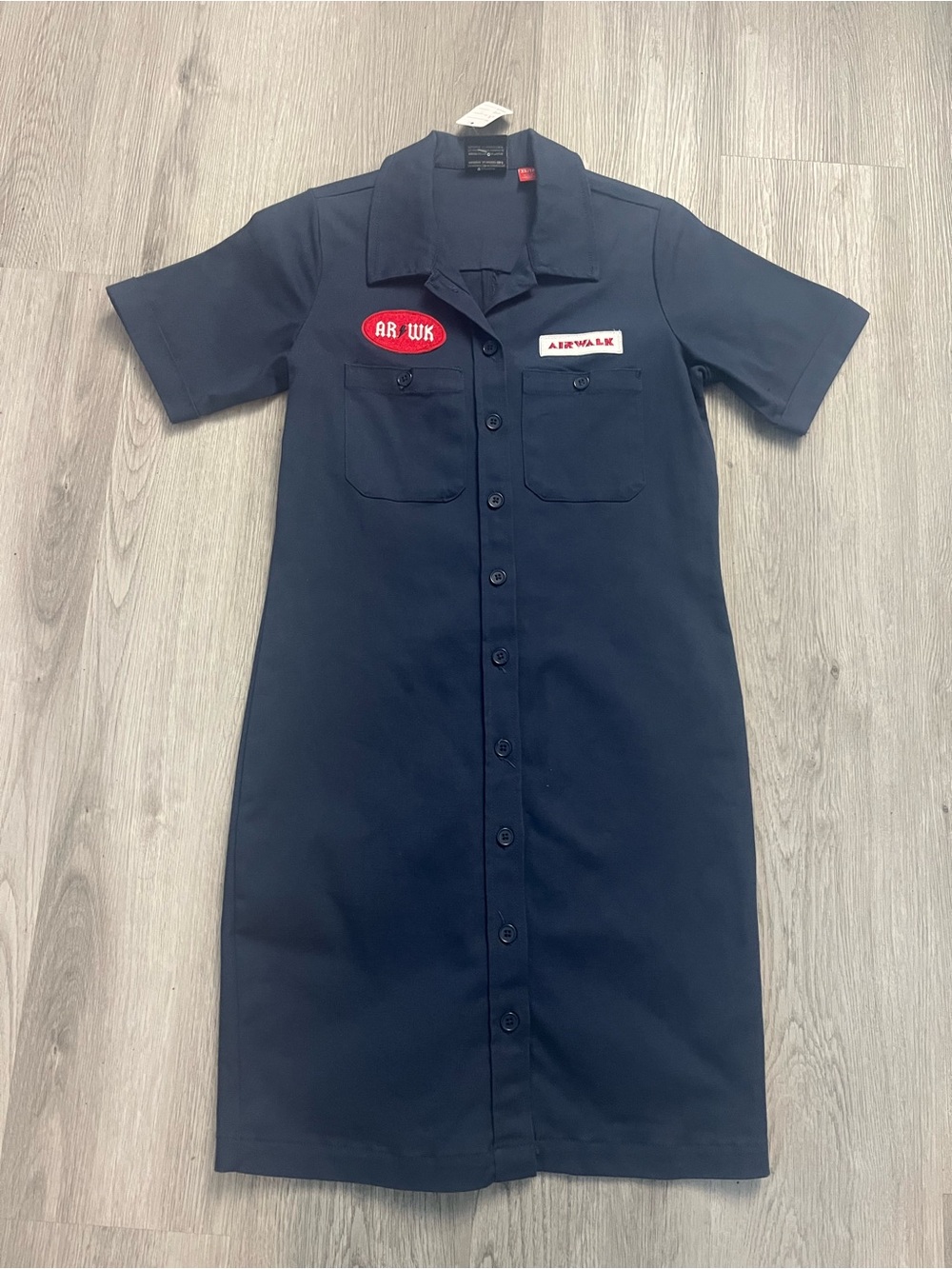 184–Airwalk Navy Blue Button-Front Shirt Dress with Red Logo Patches